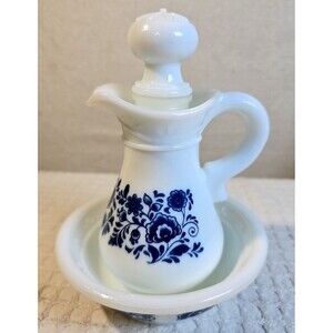 Vintage Avon Skin So Soft White Pitcher Bottle & Basin Blue Floral Pattern